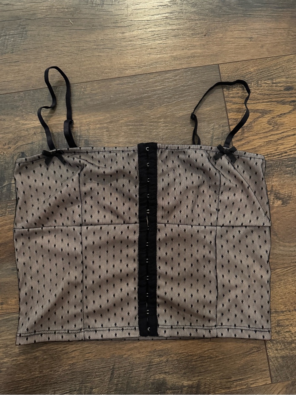 Motel Rocks Taupe and Black Dot Mesh Crop Cami Size M Made in UK
